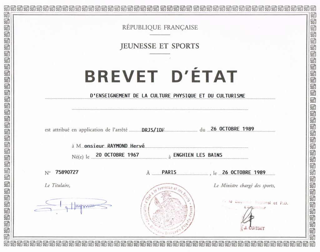 Brevet d'état de musculation Hervé RAYMOND