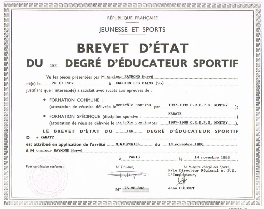 Brevet d'état Karaté 1er degré, Hervé RAYMOND