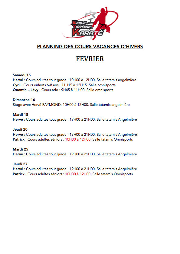 PLANNING DES COURS VACANCES D'HIVERS